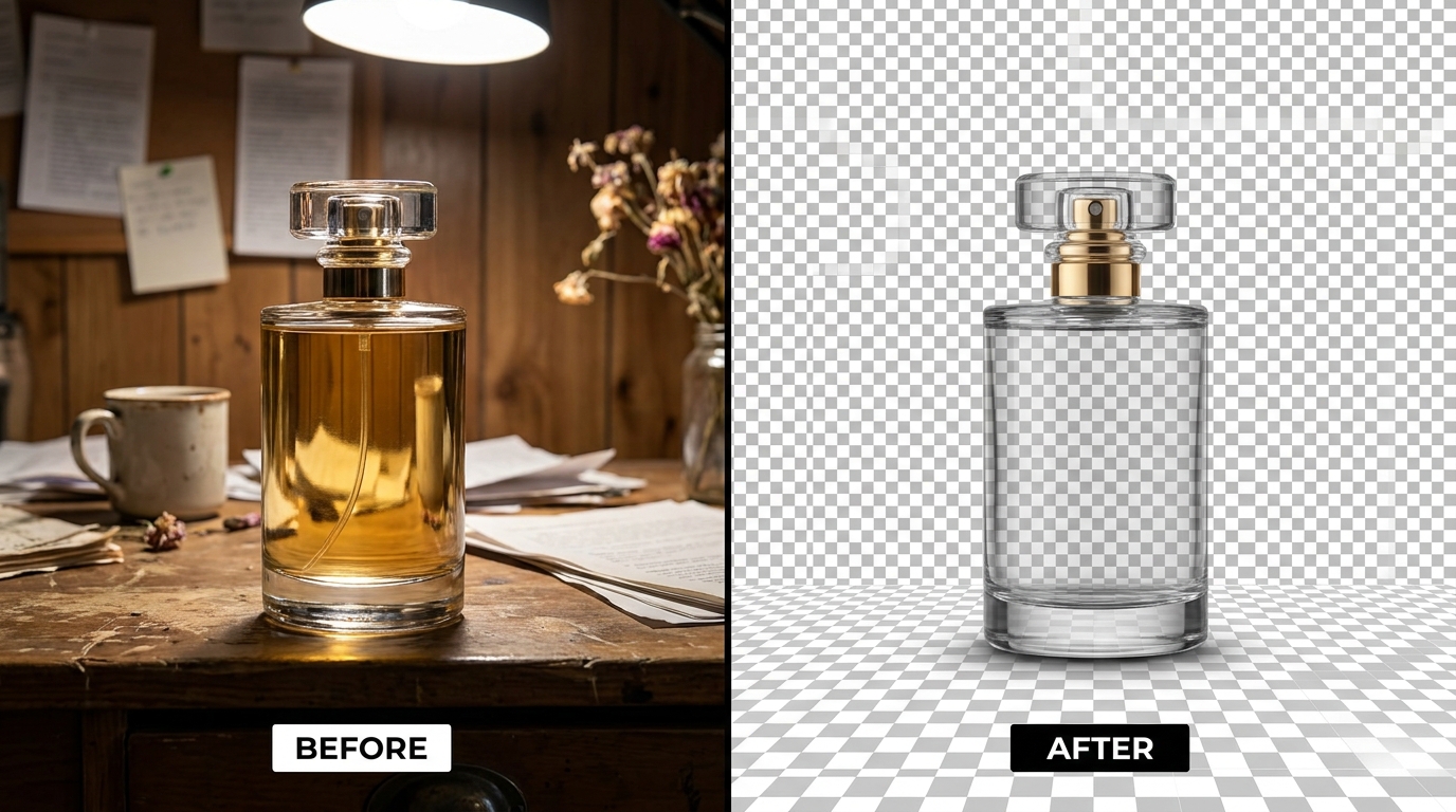 Before and after split view of a luxury cosmetic bottle showing messy original backdrop cleanly isolated onto a transparent alpha channel with preserved contact shadow