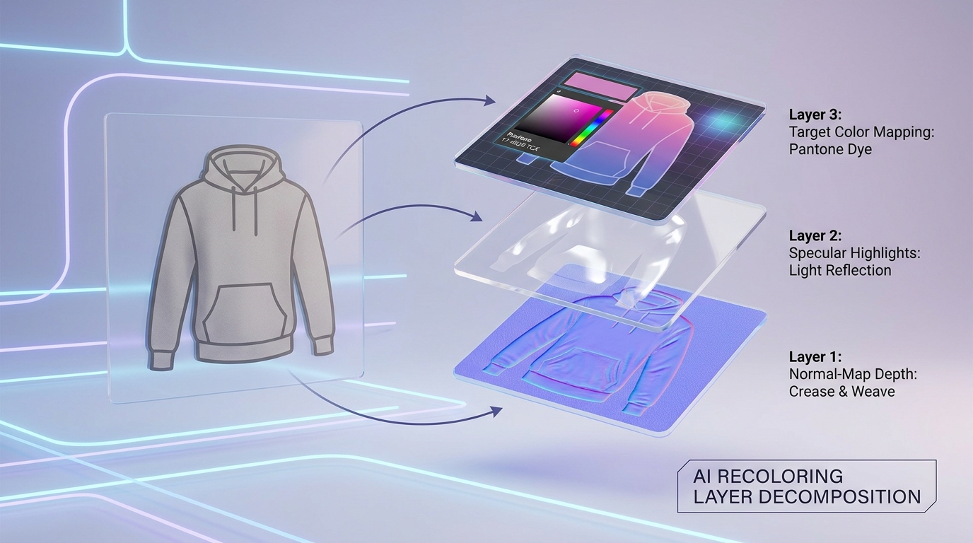 Diagram showing single master product photo decomposed into luminance, specular highlights, and recolored across full Pantone color spectrum