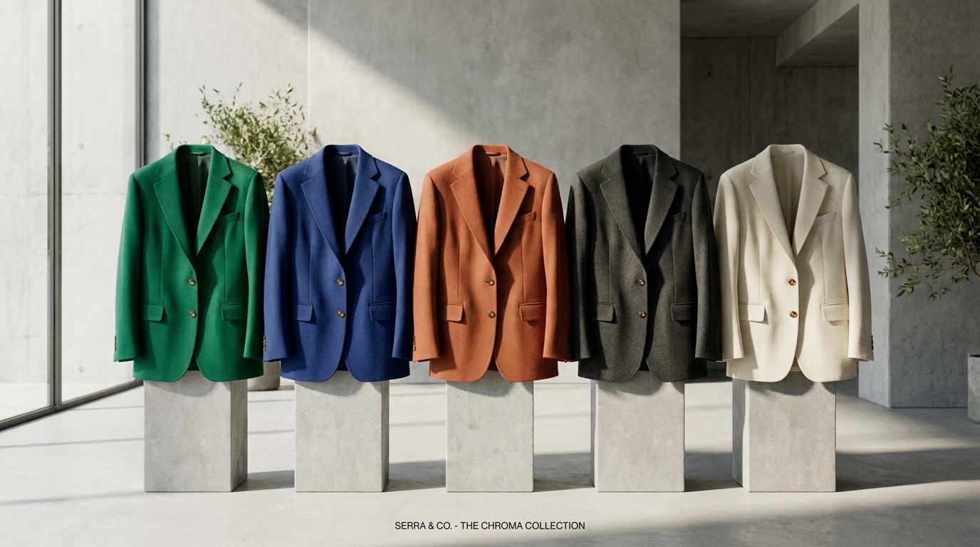 A tailored wool blazer displayed in five perfectly matched colorways across emerald green, cobalt blue, terracotta, charcoal, and ivory with identical drapery and texture