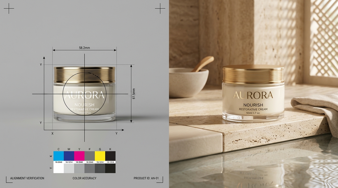 A luxury cosmetic jar with millimeter alignment calipers, color calibration swatches, and a photorealistic studio rendering with reflections