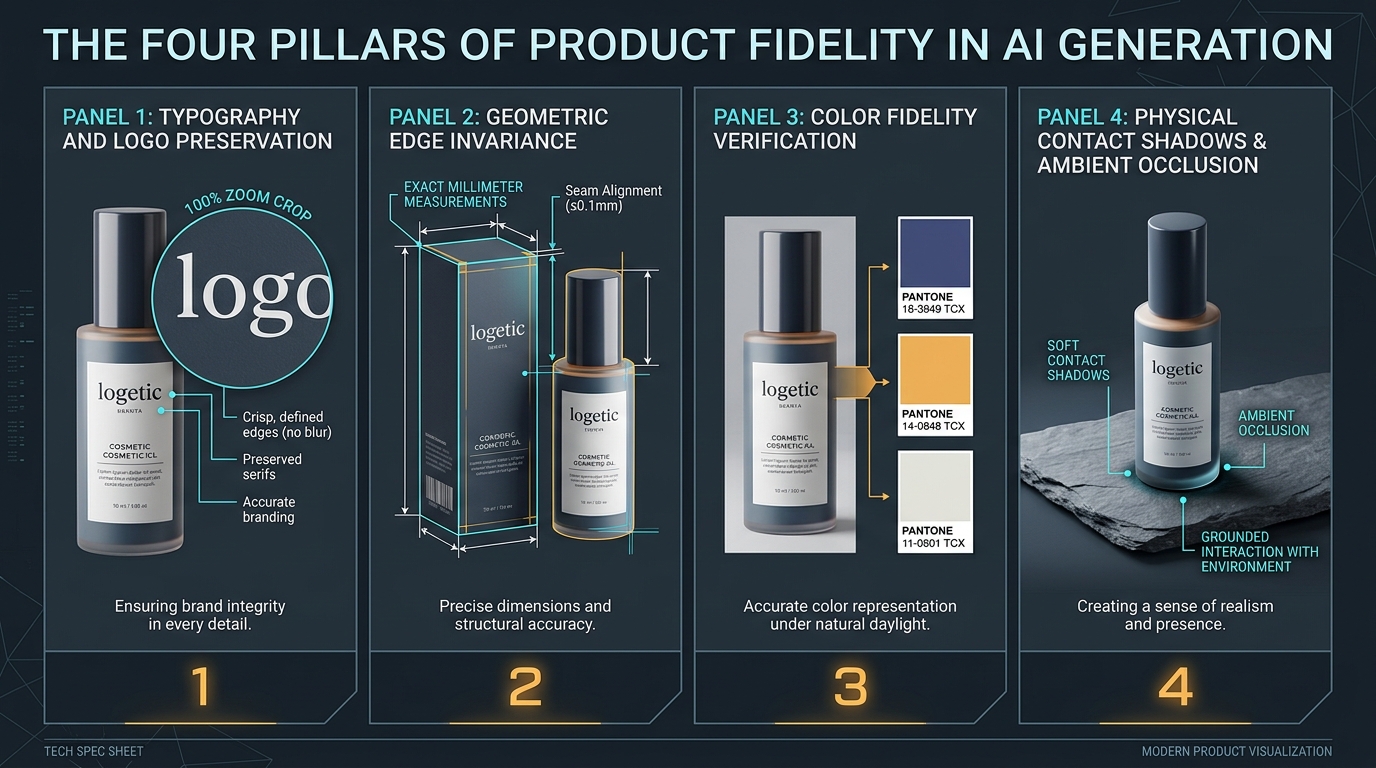 Technical infographic showing the four pillars of product fidelity in AI generation: typography, geometry, color, and contact shadows