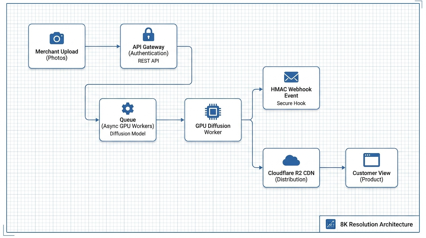 High-level API architecture flowchart showing merchant uploads passing through an API gateway, generative imaging microservices, and webhook delivery to an ecommerce CDN