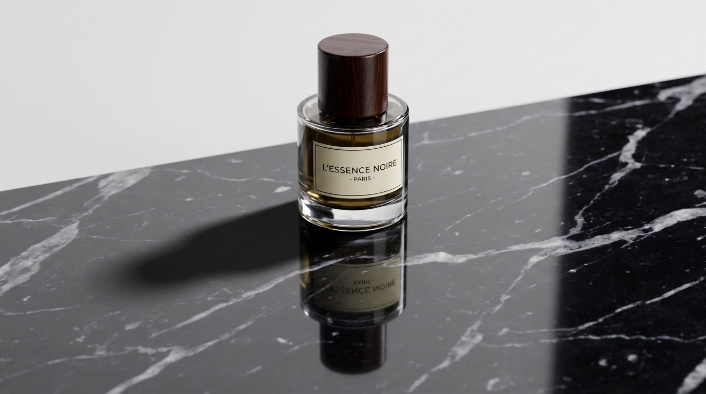 A high-end glass perfume bottle resting on polished black marble with ray-traced contact shadows, subtle cast penumbra, and inverted surface reflection