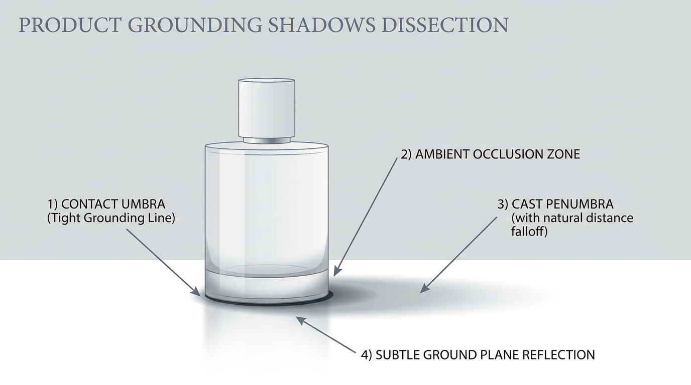 Educational diagram breaking down the optical components of contact shadow umbra, ambient occlusion, directional penumbra, and ground reflection