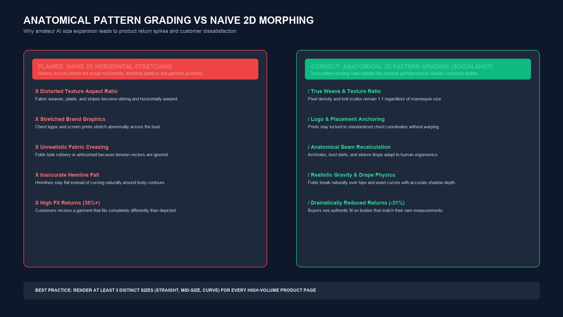 Comparison between flawed naive 2D horizontal stretching and correct anatomical 3D pattern grading in AI apparel photography