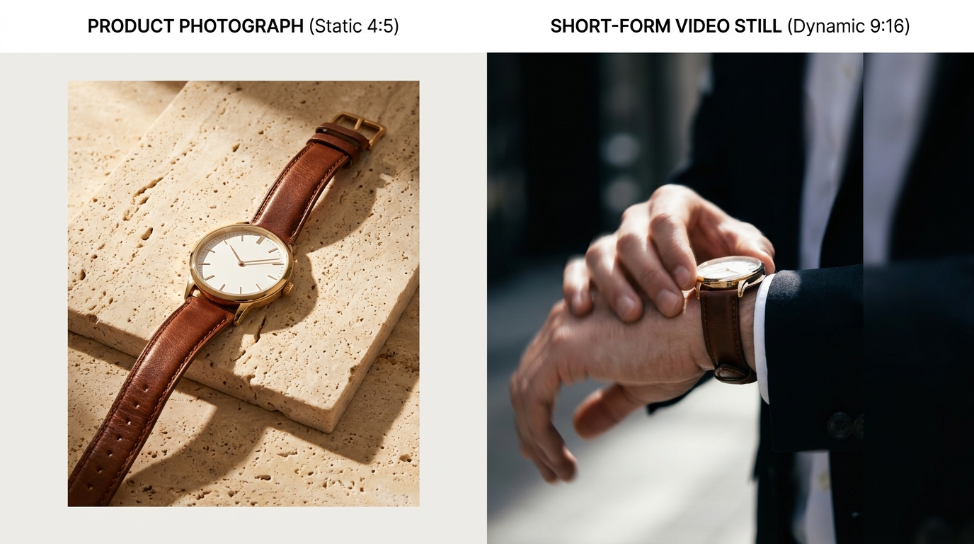 Side-by-side desktop display comparison of a high-impact static 4:5 product image ad on the left and a dynamic 9:16 short-form video ad on the right