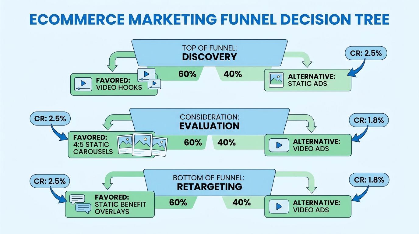 Strategic Funnel Decision Tree Comparing When to Deploy Static Product Ads vs Video Product Ads