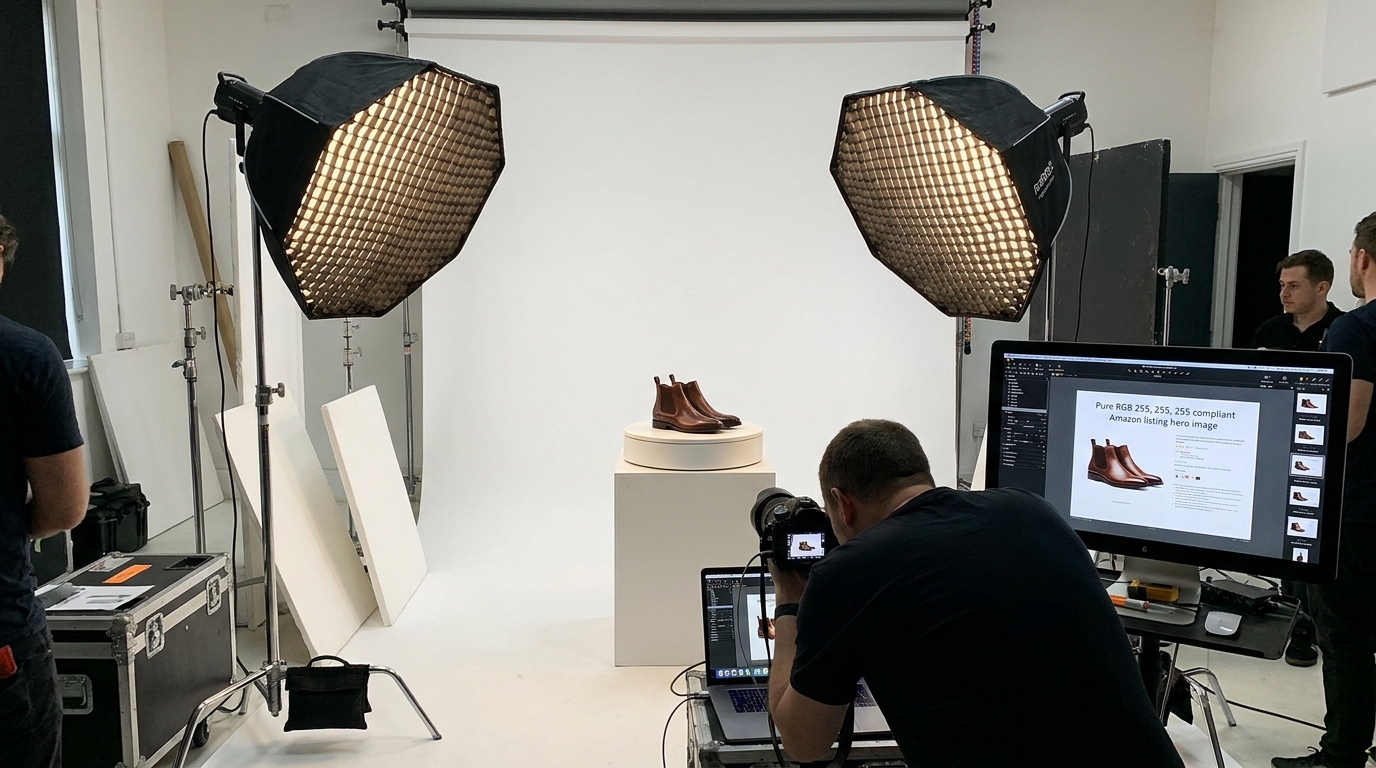 Professional product photography studio setup with dual softboxes, sweep backdrop, and digital camera displaying a pure RGB 255,255,255 isolated leather shoe