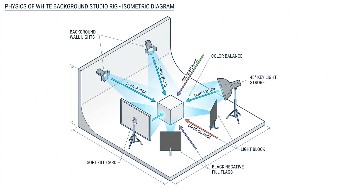 Diagram illustrating professional white background photography lighting rig with key light, fill card, and background strobes