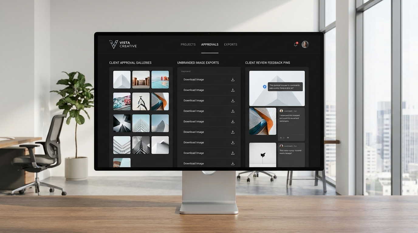 A customized white-label agency client portal interface displaying the agency's logo, proprietary branding, and high-end client product photography deliverables ready for client review