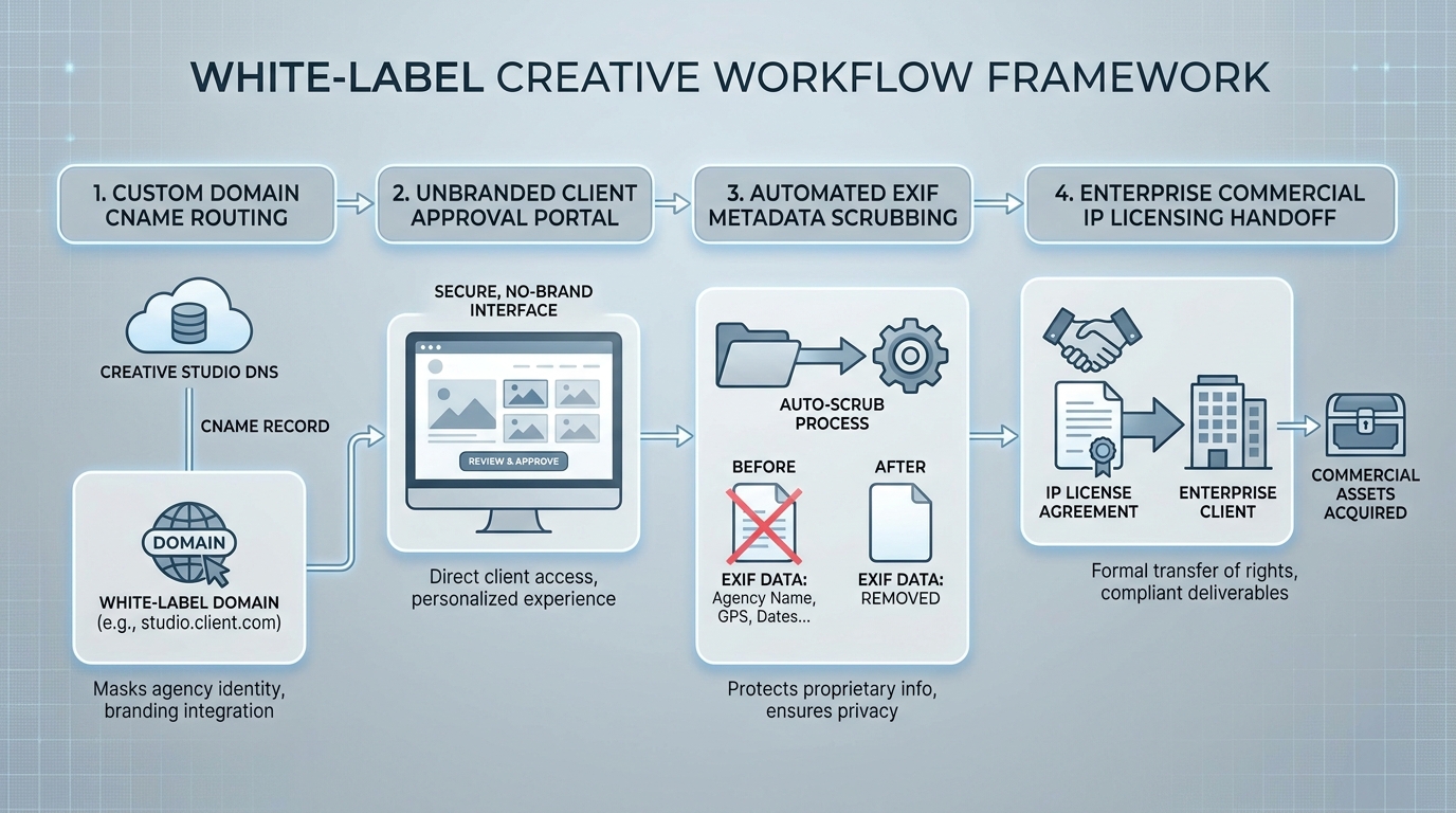 Diagram illustrating white-label agency workflow showing custom-branded client portal, unbranded asset delivery, and multi-tier retainer packaging