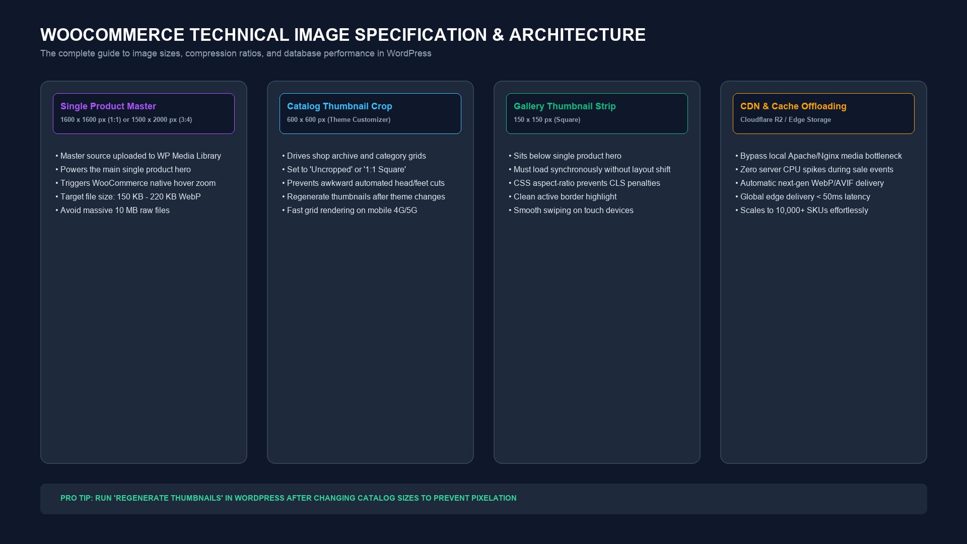 WooCommerce technical image specification and architecture guide covering single product heroes, catalog thumbnails, gallery strips, and CDN offloading